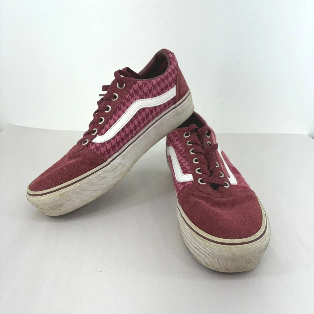 Vans Old Skool Burgundy Houndstooth Plaid Suede Low Top Sneakers Womens 9.5